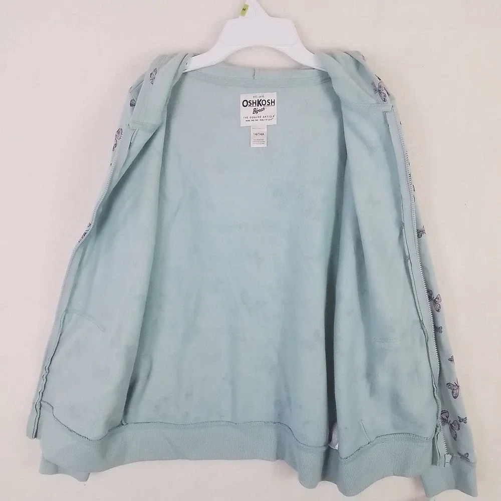 OshKosh Fleece Lined Full Zip Hoodie Girls Size‎ 14 in Green w/ Butterfly Theme